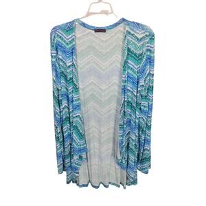 Shiela Rose Cardigan Sweater Blue Chevron Artsy Print Open Front Women's Size 2X